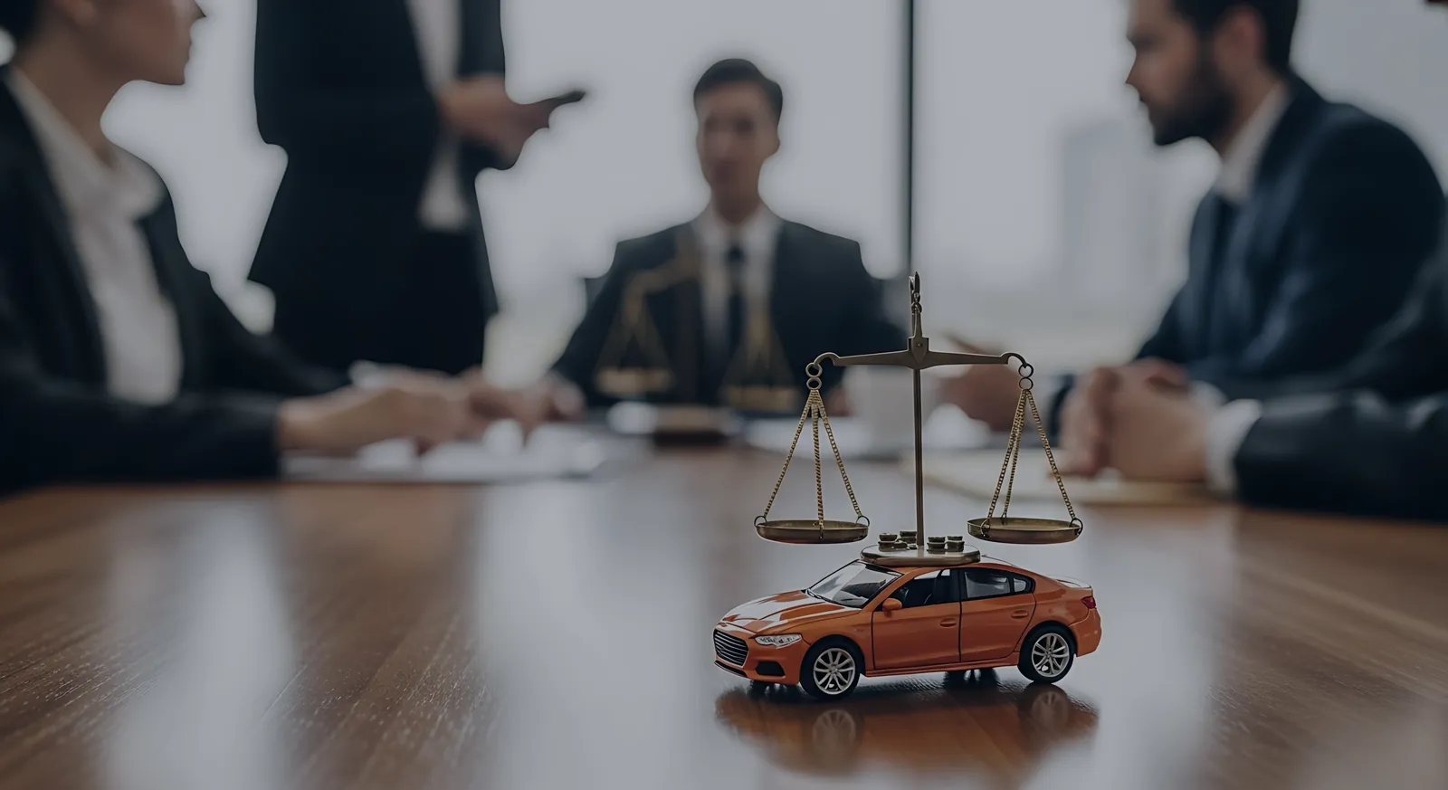 Overleg over een autodossier met een weegschaal op tafel