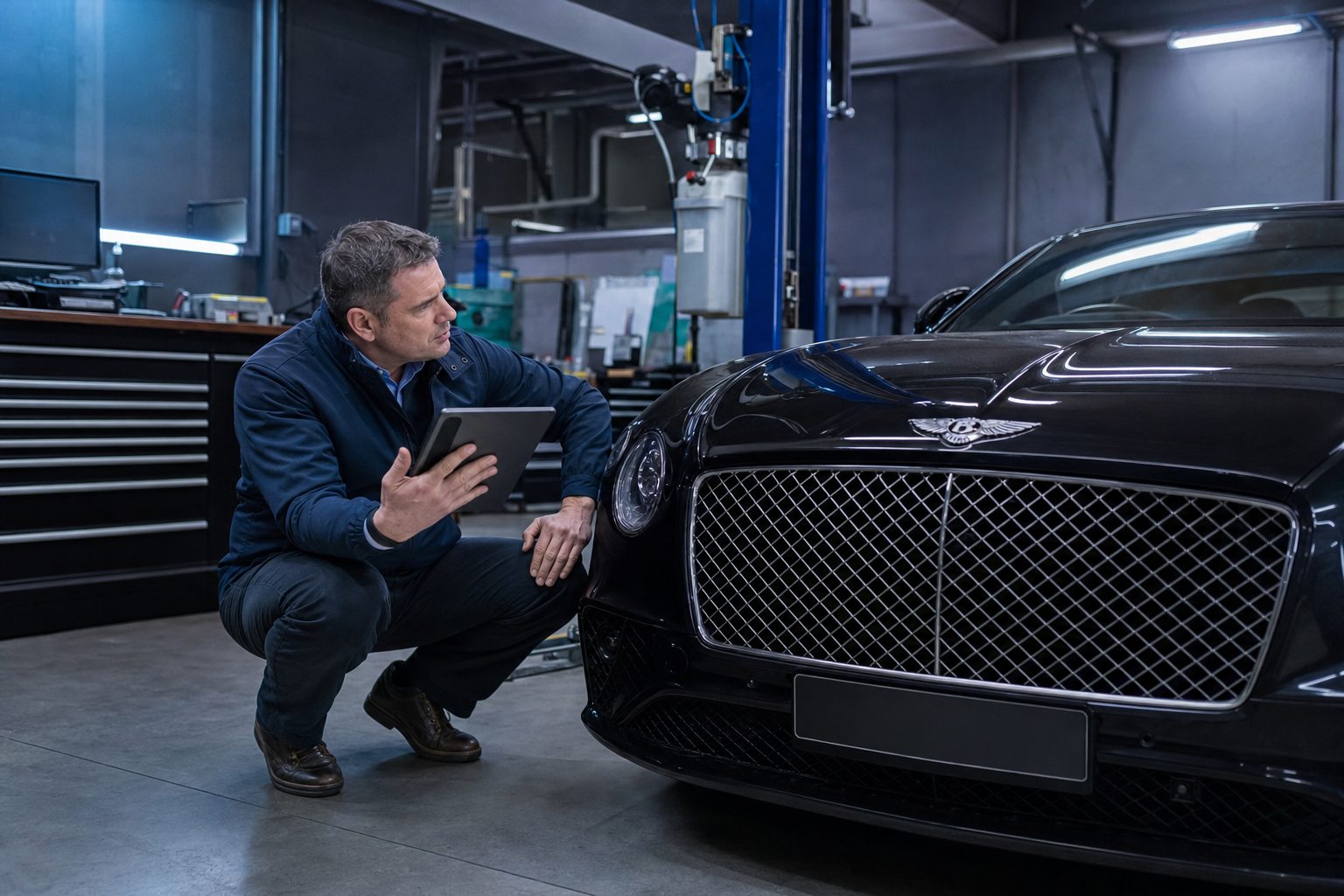 Taxateur met tablet beoordeelt een auto in de werkplaats