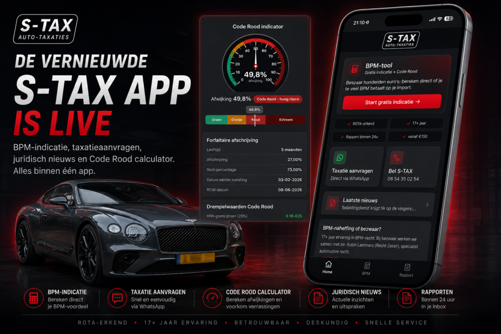 De S-TAX Auto-Taxaties app met gratis BPM-indicatie en Code Rood calculator in de App Store