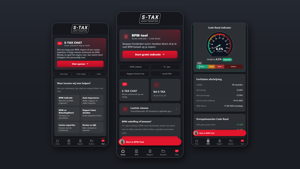 De S-TAX app op drie telefoons: de S-TAX CHAT, het beginscherm met de BPM-tool en de Code Rood-check