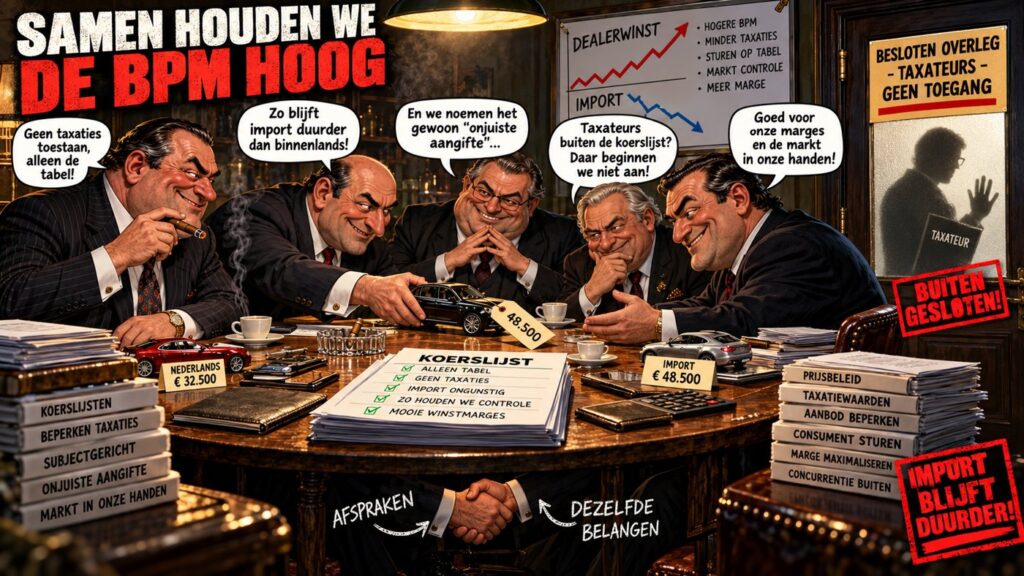 Satirische AI-illustratie: besloten overleg over de BPM, taxateurs buitengesloten